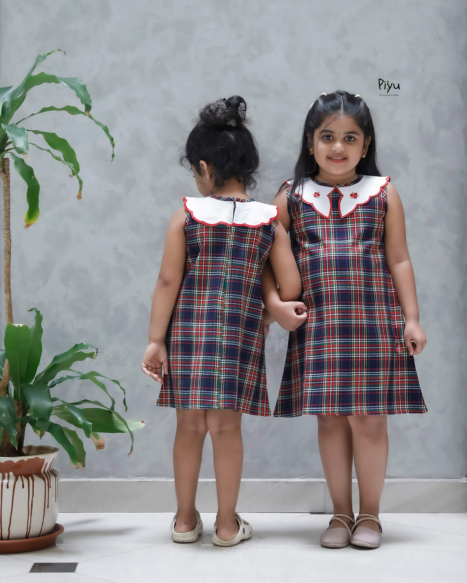 Soft Cotton A-Line Frock with Scalloped Embroidered Collar-Plaid.