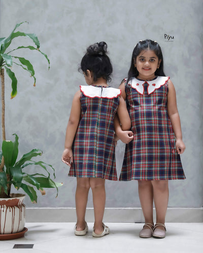 Soft Cotton A-Line Frock with Scalloped Embroidered Collar-Plaid.