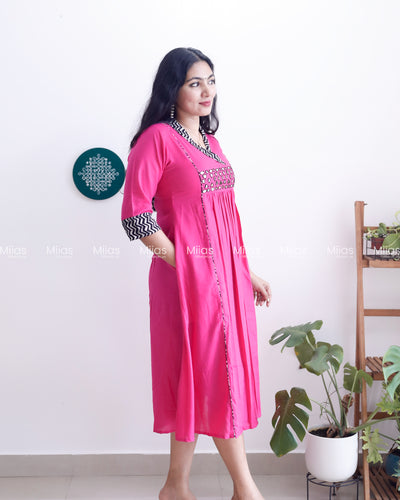 Cotton 3-Panel Kurti | Mirror Yoke + Contrast Neckline | Pink