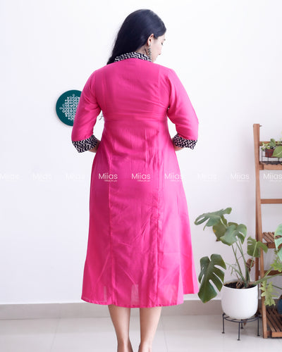 Cotton 3-Panel Kurti | Mirror Yoke + Contrast Neckline | Pink