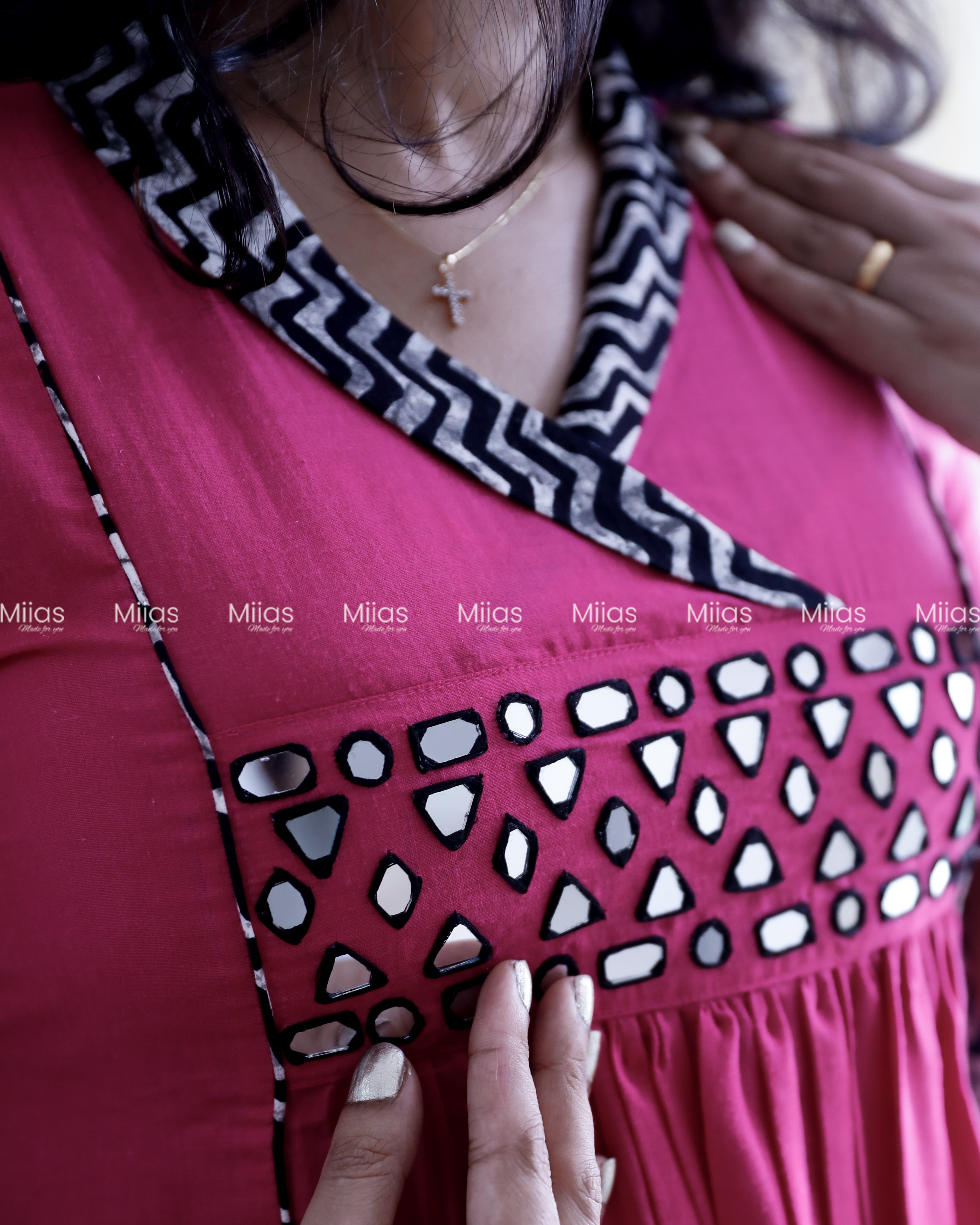Cotton 3-Panel Kurti | Mirror Yoke + Contrast Neckline | Pink