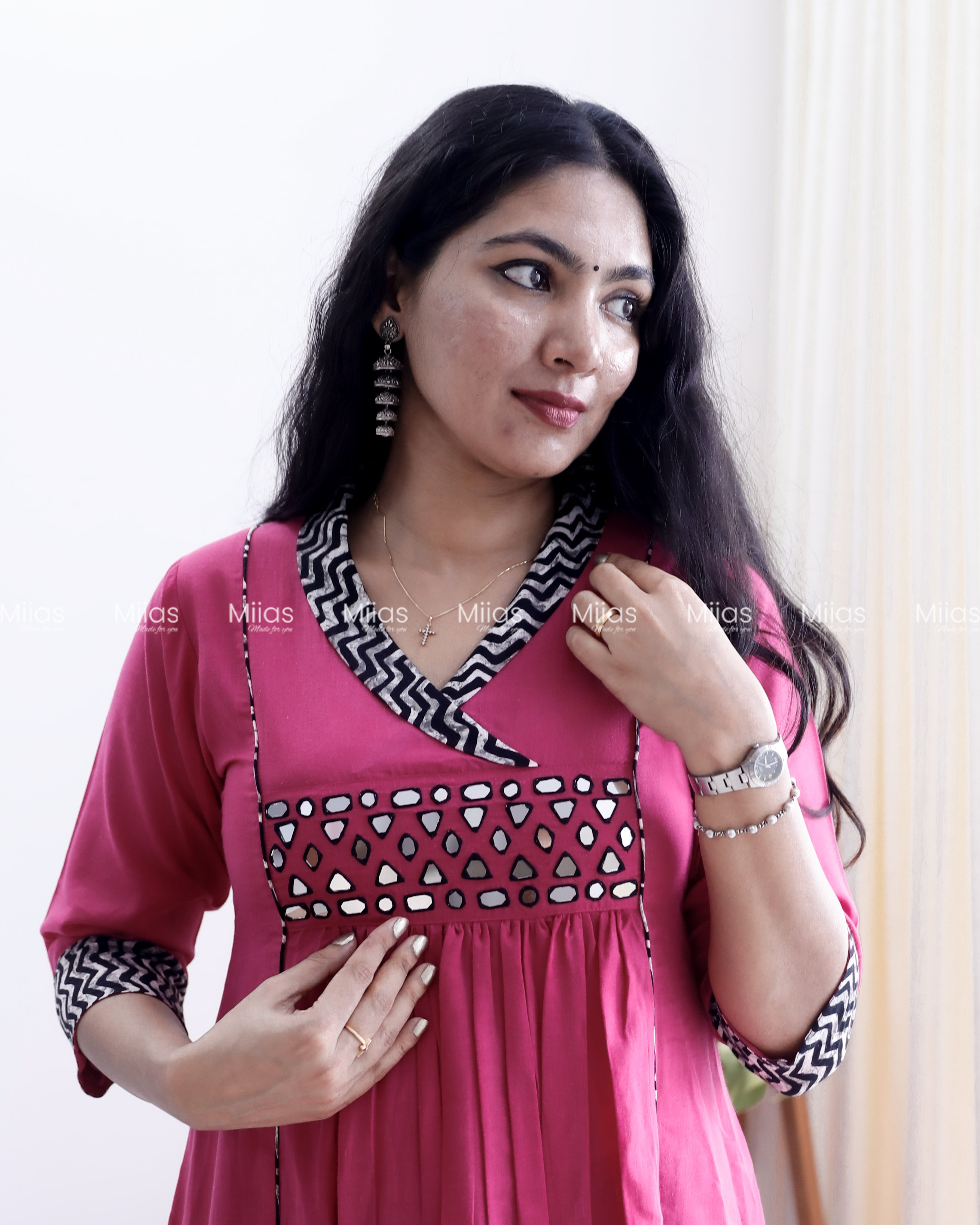 Cotton 3-Panel Kurti | Mirror Yoke + Contrast Neckline | Pink