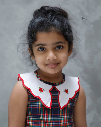 Soft Cotton A-Line Frock with Scalloped Embroidered Collar-Plaid.