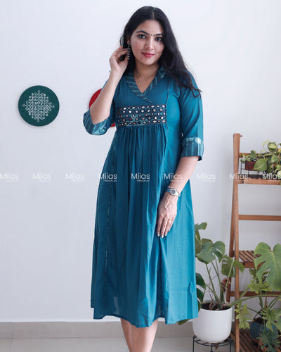 Cotton 3-Panel Kurti | Mirror Yoke + Contrast Neckline | Blue