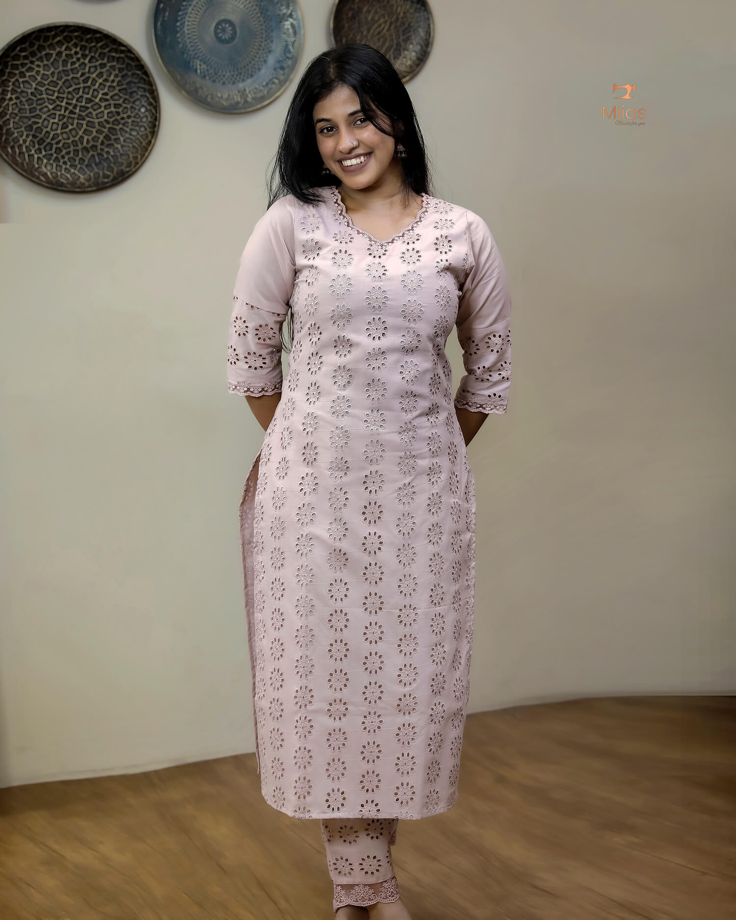 Hakoba Cotton Co-ord Set, Lace Detail & Pocket-Powder Pink