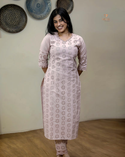 Hakoba Cotton Co-ord Set, Lace Detail & Pocket-Powder Pink