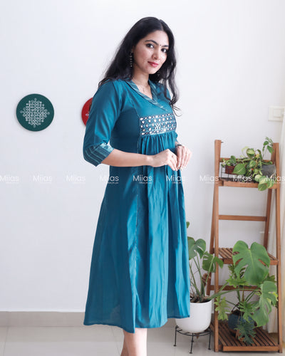 Cotton 3-Panel Kurti | Mirror Yoke + Contrast Neckline | Blue