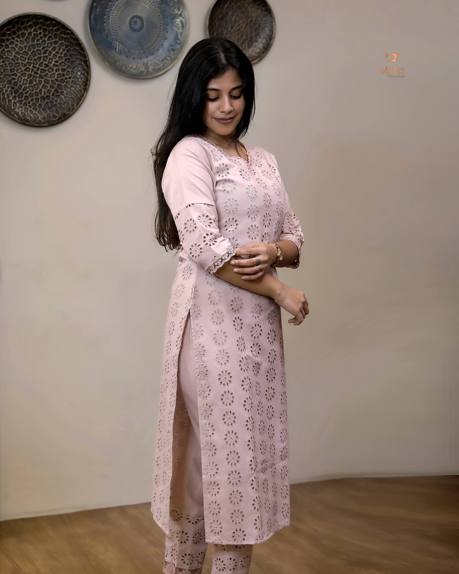 Hakoba Cotton Co-ord Set, Lace Detail & Pocket-Powder Pink