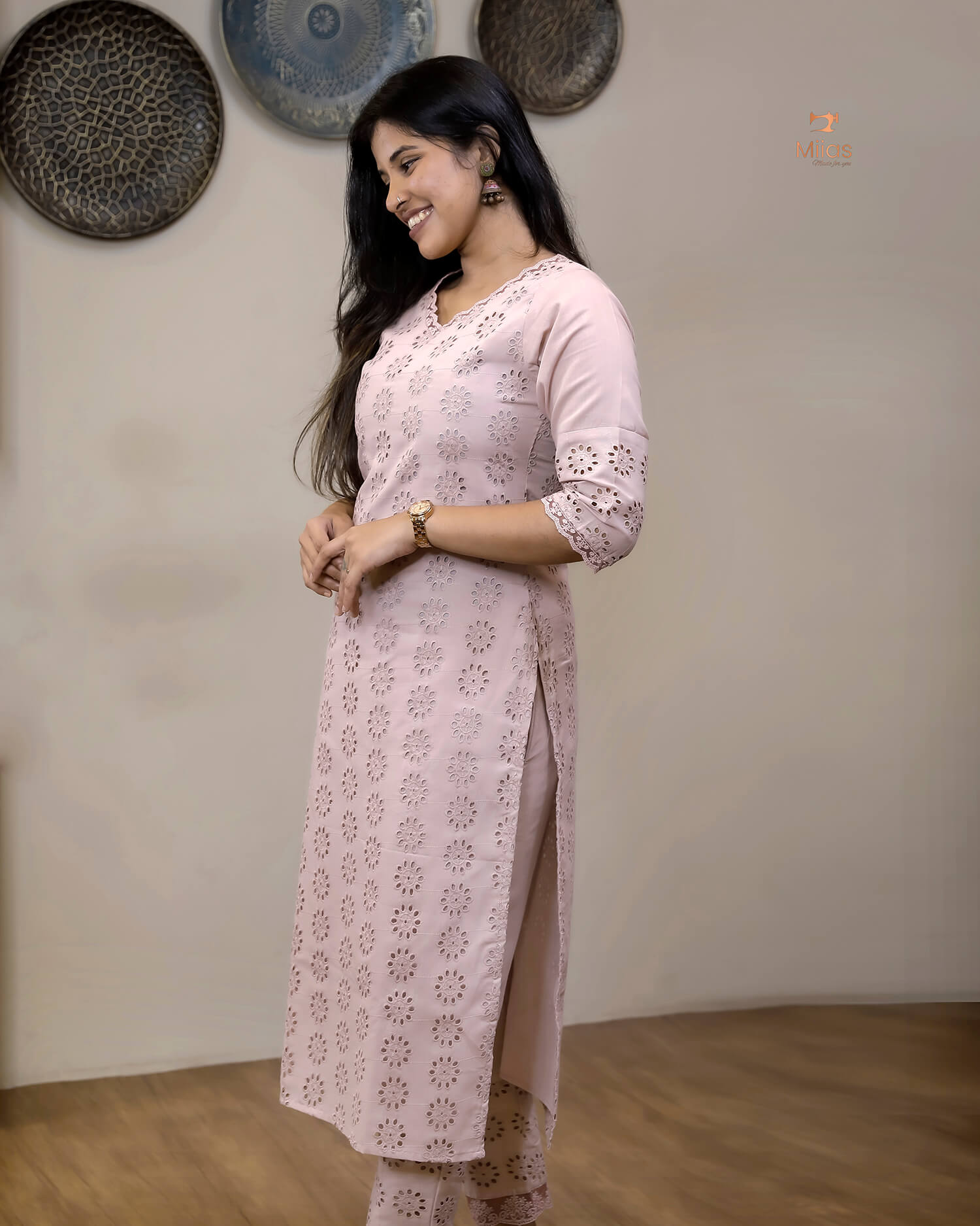 Hakoba Cotton Co-ord Set, Lace Detail & Pocket-Powder Pink