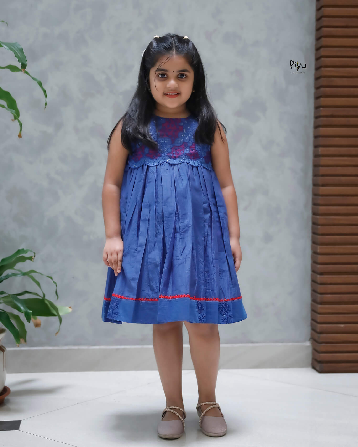 Elegant Mul Chanderi Frock with Tonal Applique & Lace-Blue.