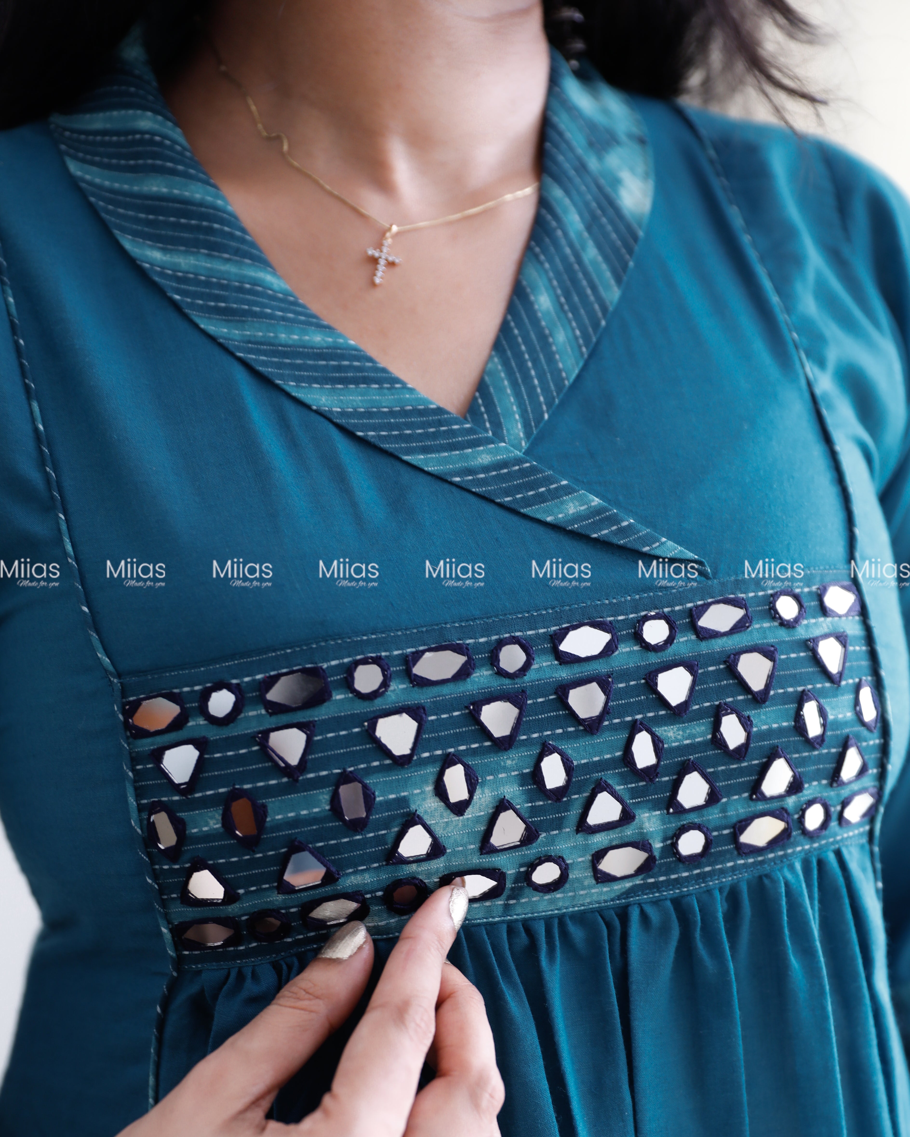 Cotton 3-Panel Kurti | Mirror Yoke + Contrast Neckline | Blue