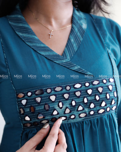 Cotton 3-Panel Kurti | Mirror Yoke + Contrast Neckline | Blue