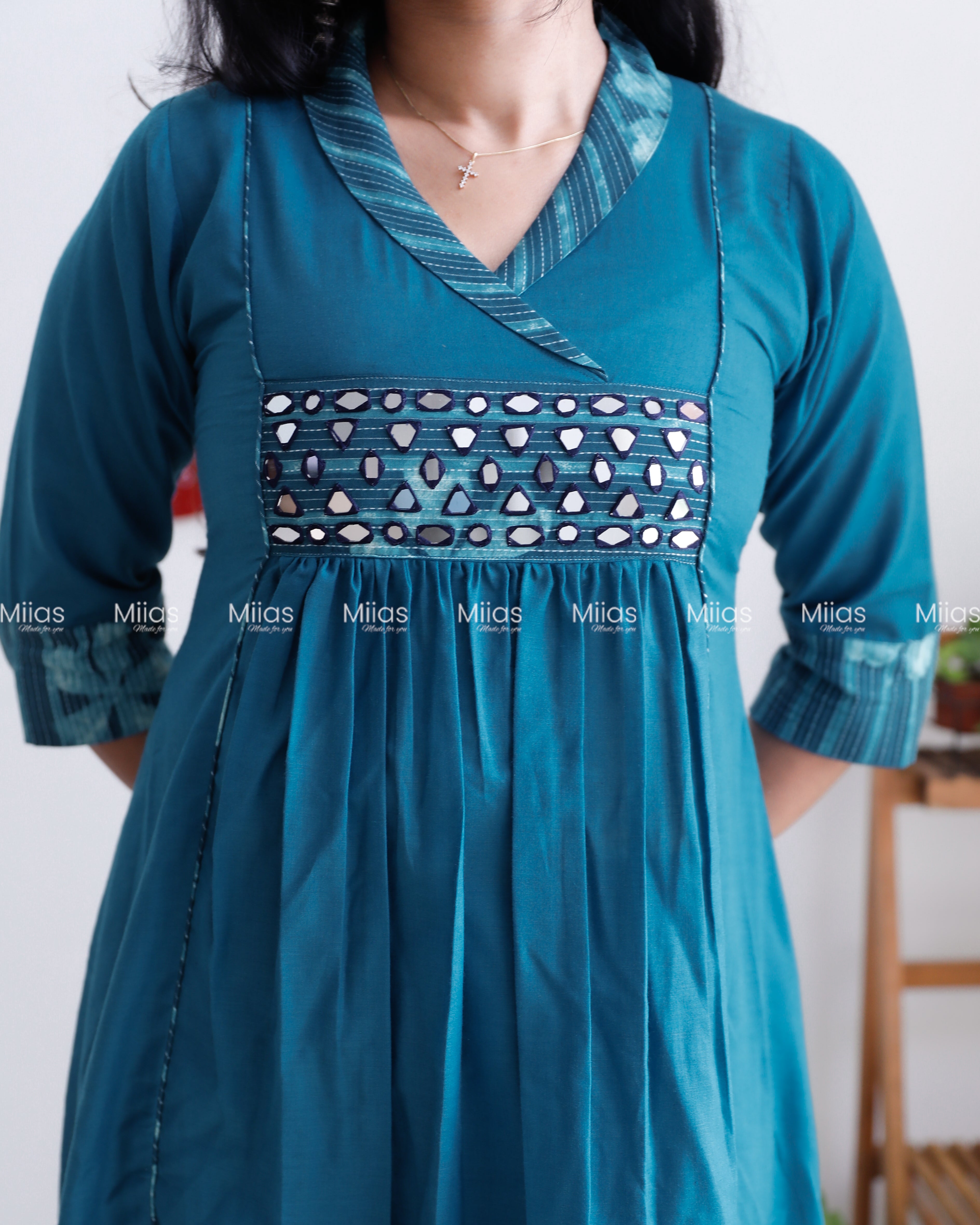 Cotton 3-Panel Kurti | Mirror Yoke + Contrast Neckline | Blue