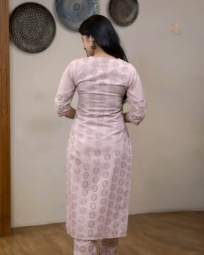 Hakoba Cotton Co-ord Set, Lace Detail & Pocket-Powder Pink