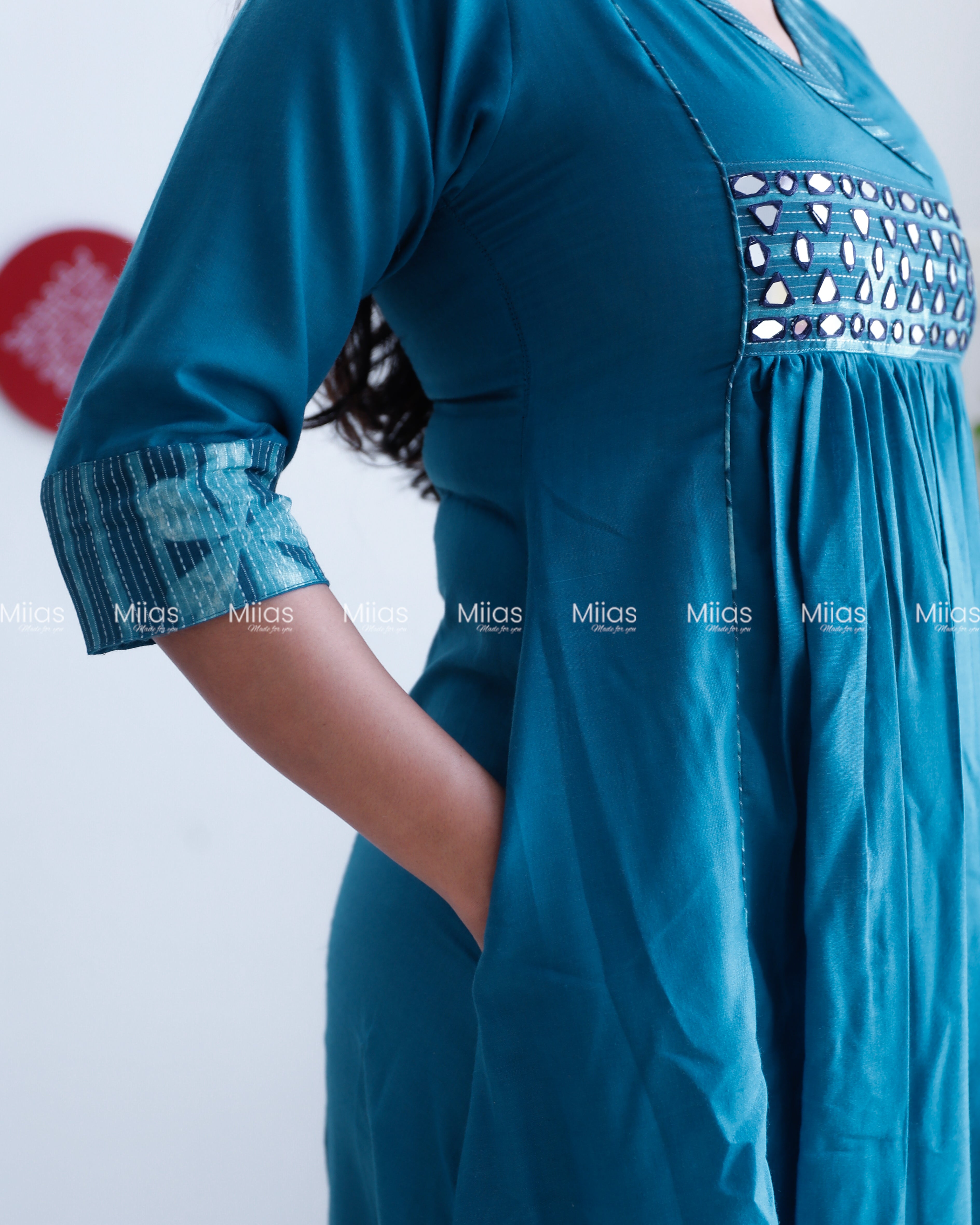 Cotton 3-Panel Kurti | Mirror Yoke + Contrast Neckline | Blue