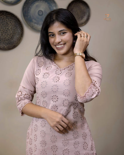 Hakoba Cotton Co-ord Set, Lace Detail & Pocket-Powder Pink