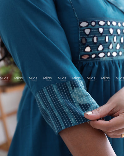 Cotton 3-Panel Kurti | Mirror Yoke + Contrast Neckline | Blue