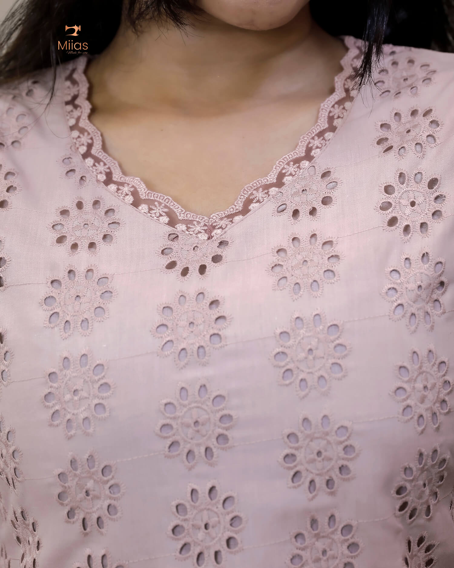 Hakoba Cotton Co-ord Set, Lace Detail & Pocket-Powder Pink