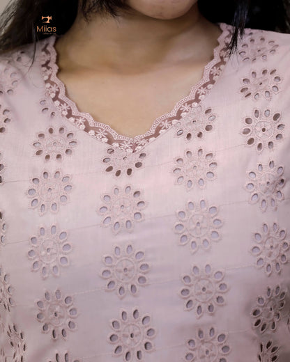 Hakoba Cotton Co-ord Set, Lace Detail & Pocket-Powder Pink