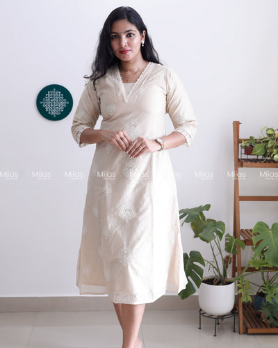 Mul Chanderi Dress Kurti | Mukaish Work + Lace Trim | Light Chicku