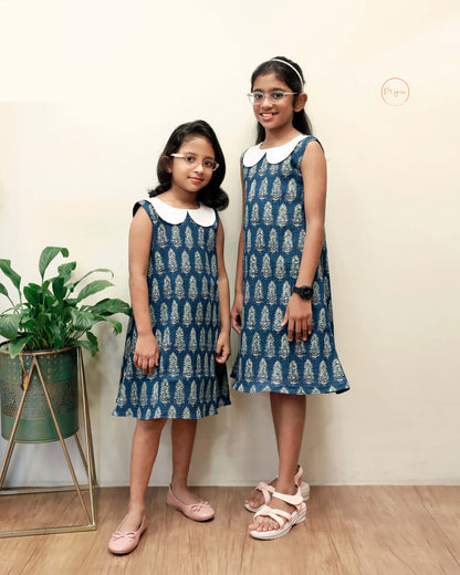 Cotton A-Line Dress: Ajrakh Print & Rose Embroidery-Blue