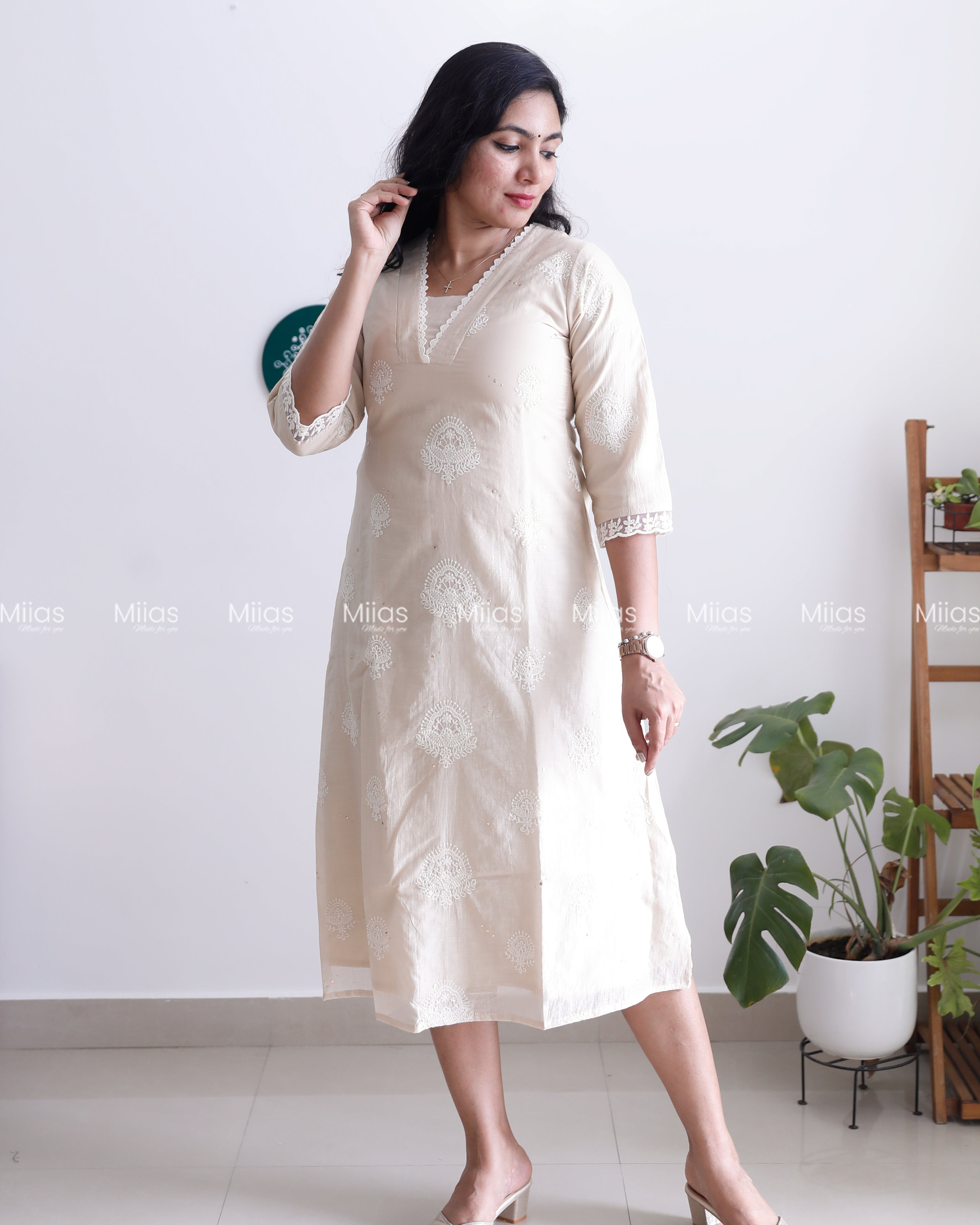 Mul Chanderi Dress Kurti | Mukaish Work + Lace Trim | Light Chicku