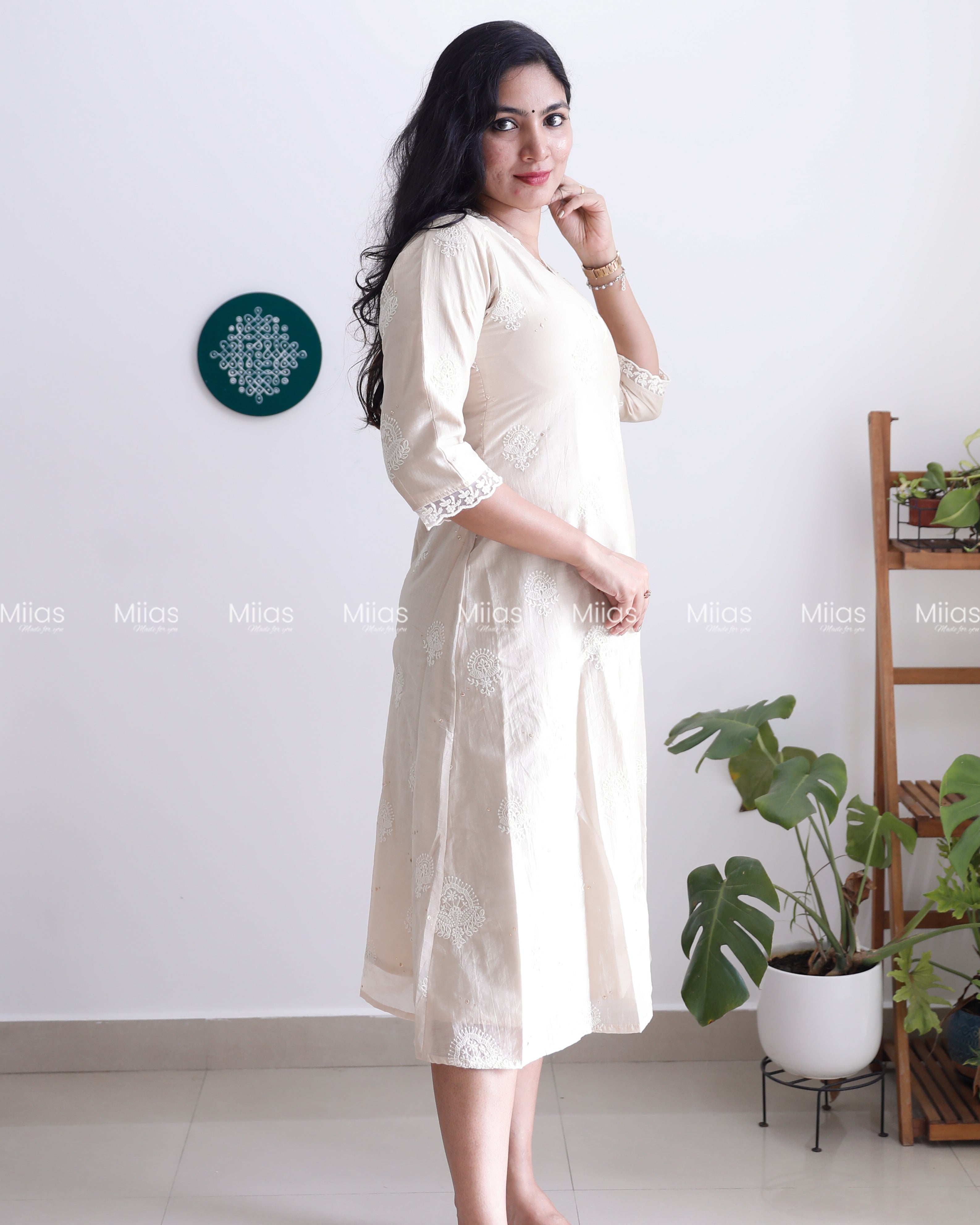 Mul Chanderi Dress Kurti | Mukaish Work + Lace Trim | Light Chicku