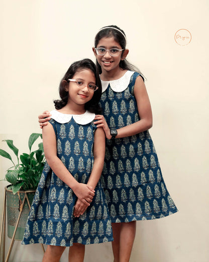 Cotton A-Line Dress: Ajrakh Print & Rose Embroidery-Blue