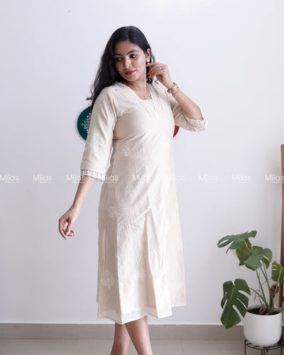 Mul Chanderi Dress Kurti | Mukaish Work + Lace Trim | Light Chicku