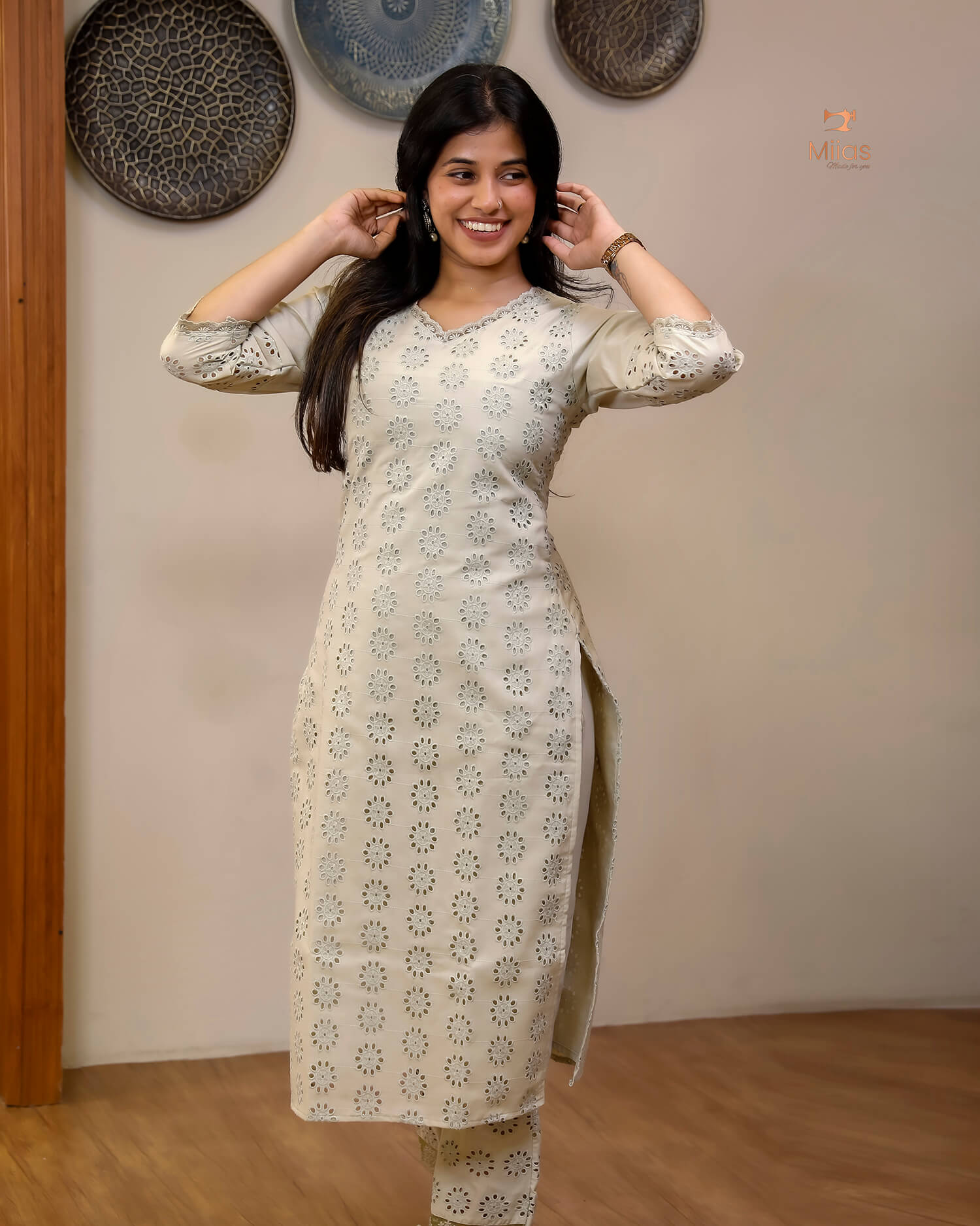 Hakoba Cotton Co-ord Set, Lace Detail & Pocket-Pista Green