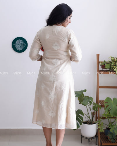 Mul Chanderi Dress Kurti | Mukaish Work + Lace Trim | Light Chicku