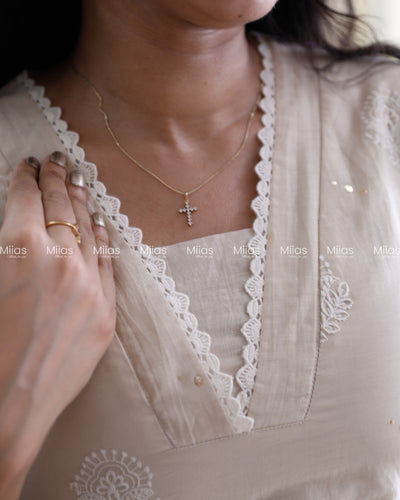 Mul Chanderi Dress Kurti | Mukaish Work + Lace Trim | Light Chicku
