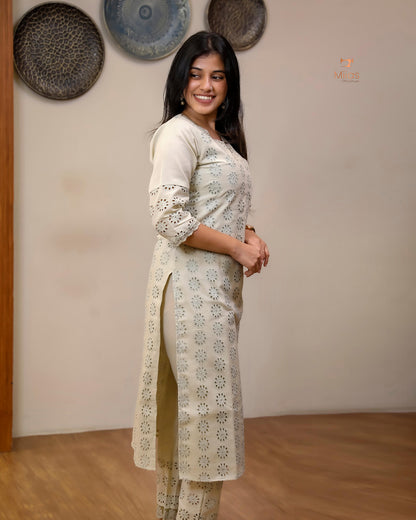 Hakoba Cotton Co-ord Set, Lace Detail & Pocket-Pista Green