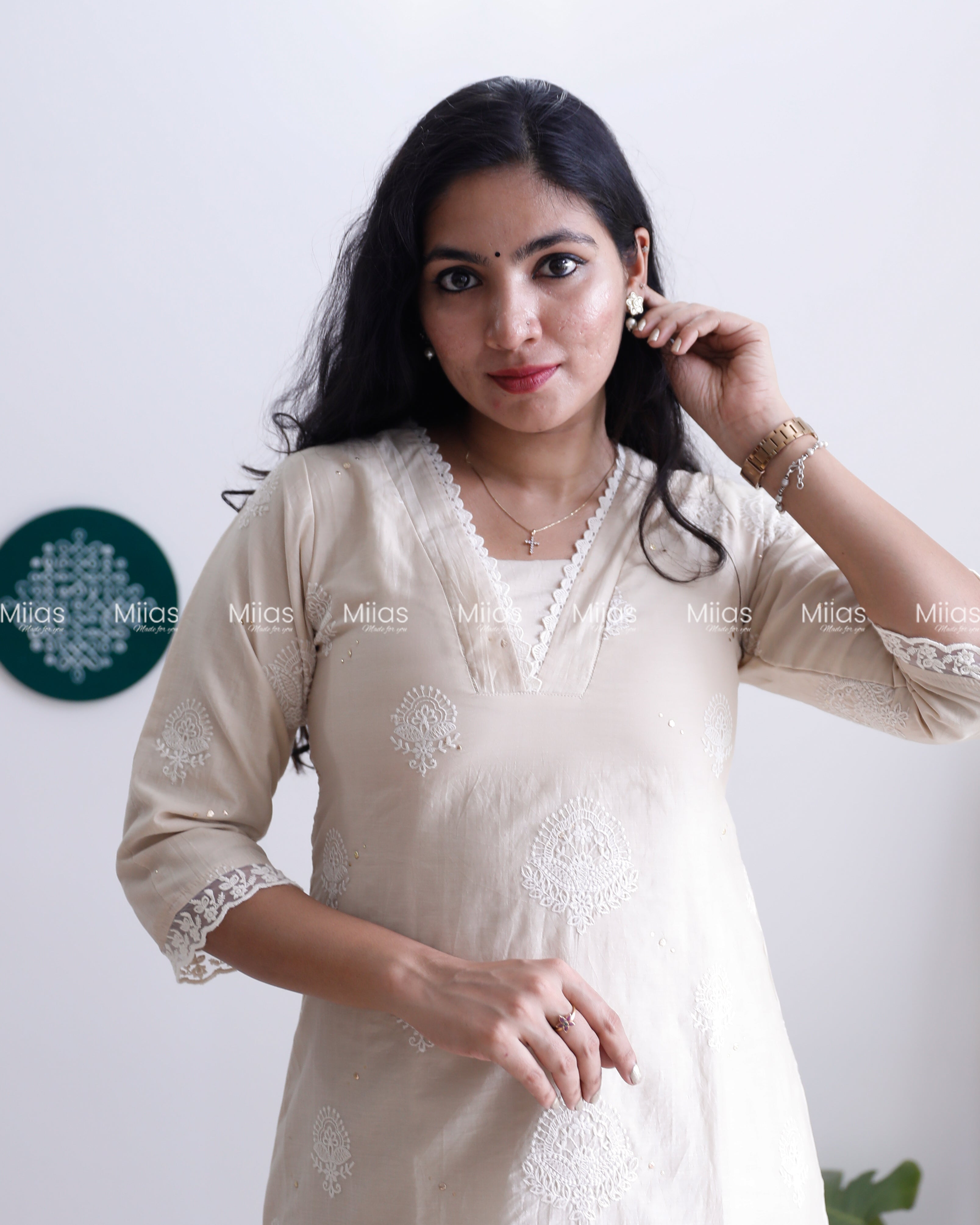 Mul Chanderi Dress Kurti | Mukaish Work + Lace Trim | Light Chicku