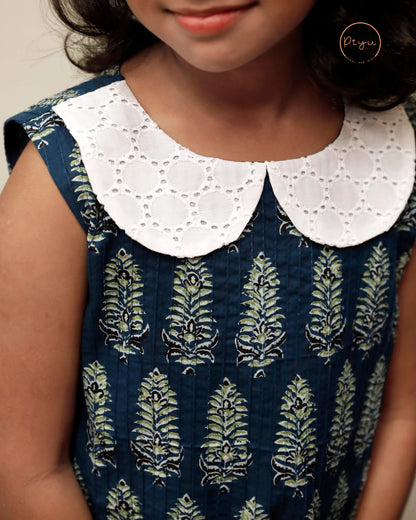 Cotton A-Line Dress: Ajrakh Print & Rose Embroidery-Blue