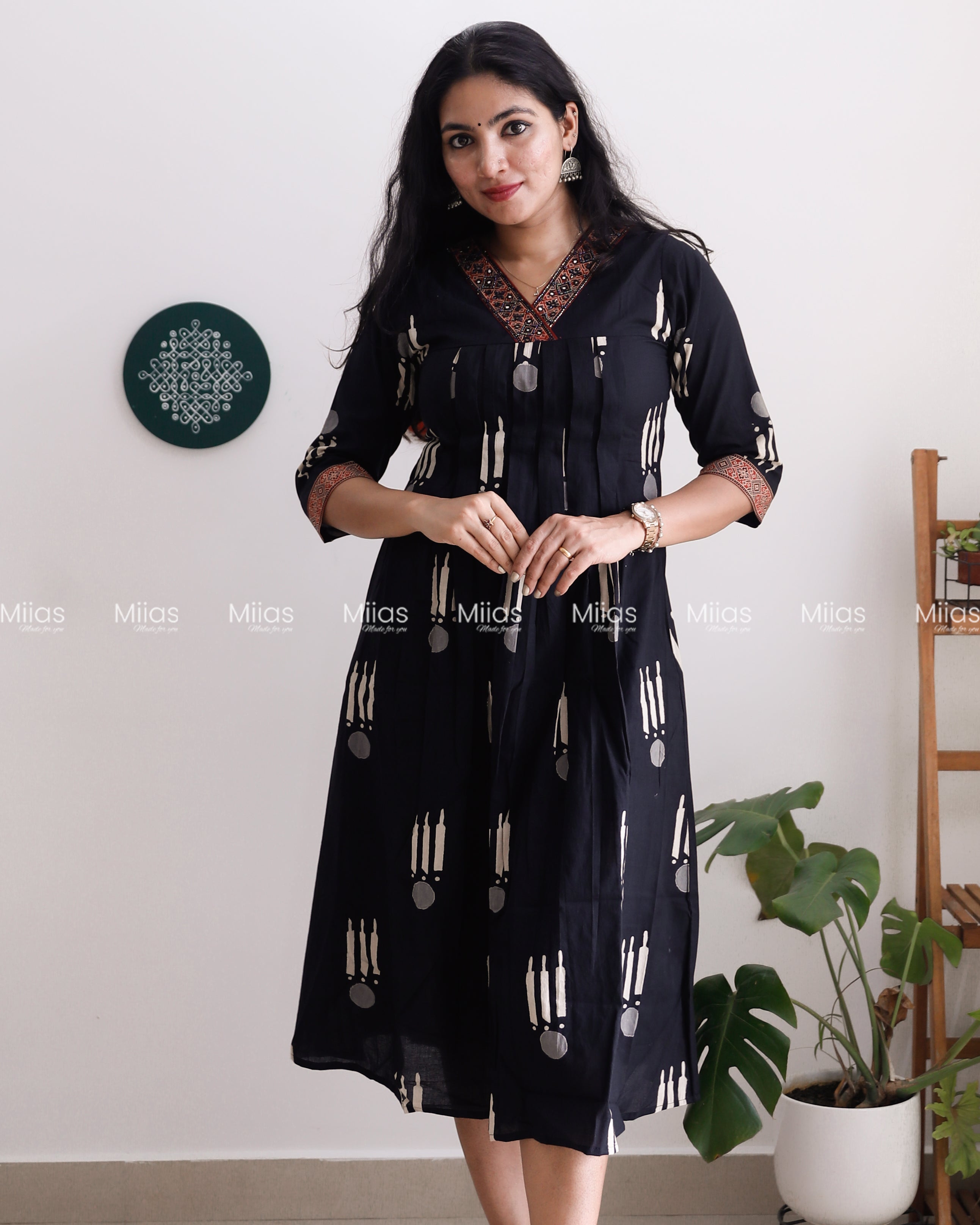 South Cotton Dress Kurti | Pintuck V-Neck + Beaded Trim | Black