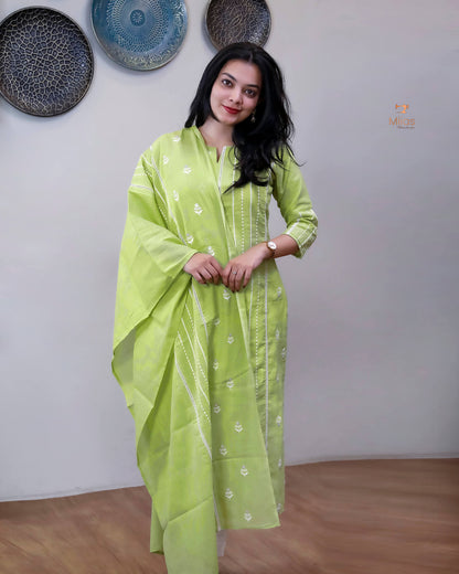 Cotton Kota Ethnic Set: Embroidered Neck, Half-Lace Dupatta-Pastel Green.