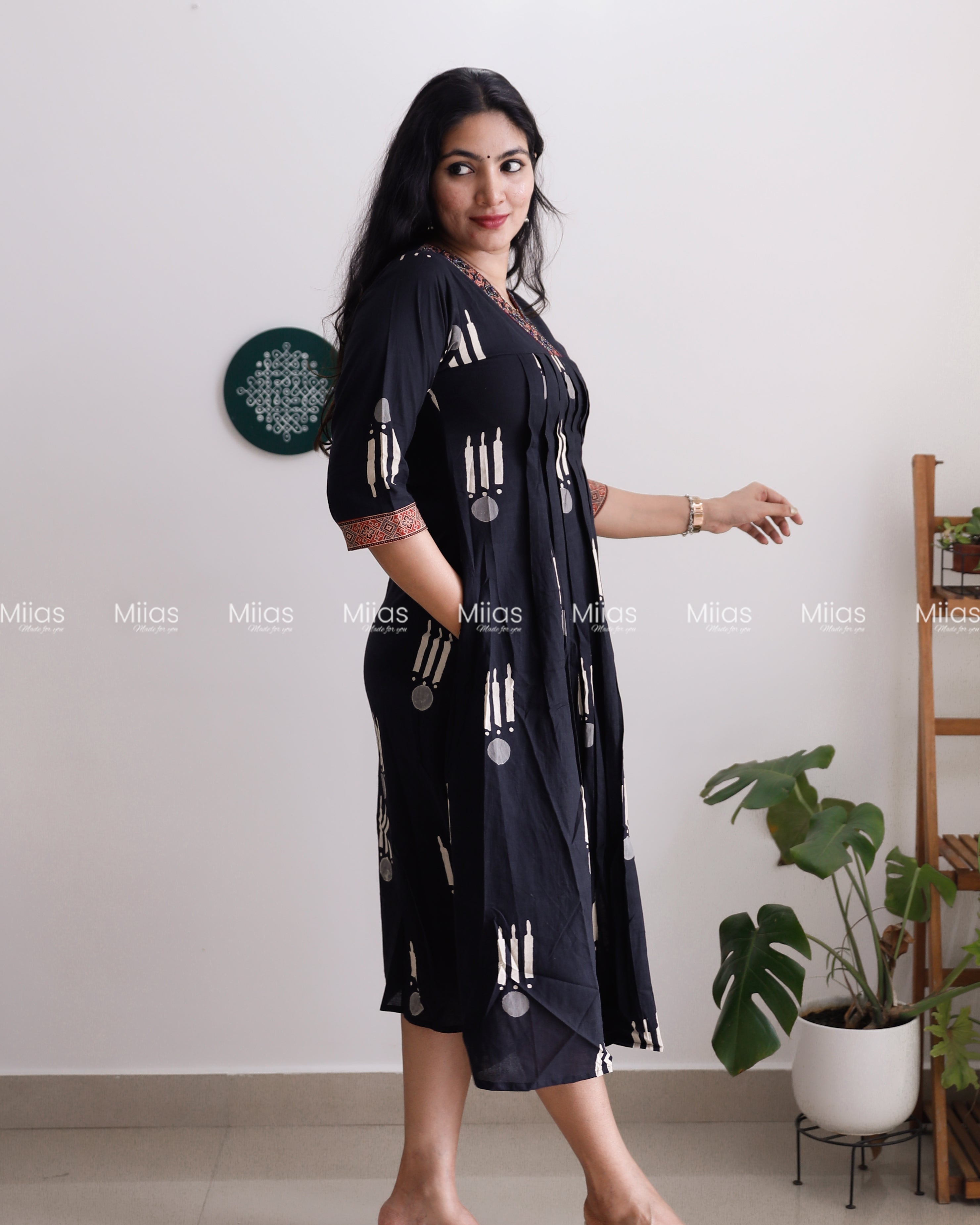 South Cotton Dress Kurti | Pintuck V-Neck + Beaded Trim | Black