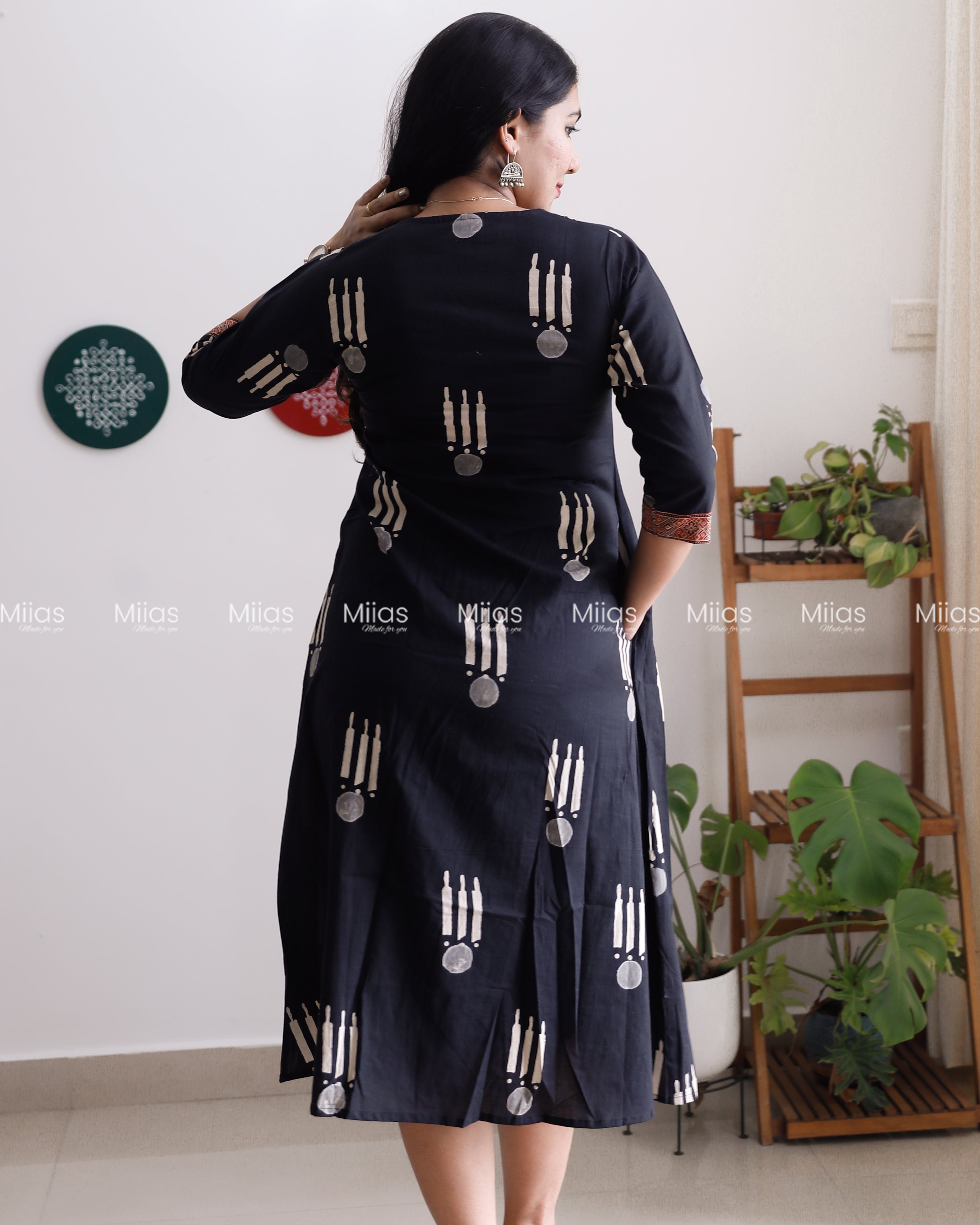 South Cotton Dress Kurti | Pintuck V-Neck + Beaded Trim | Black