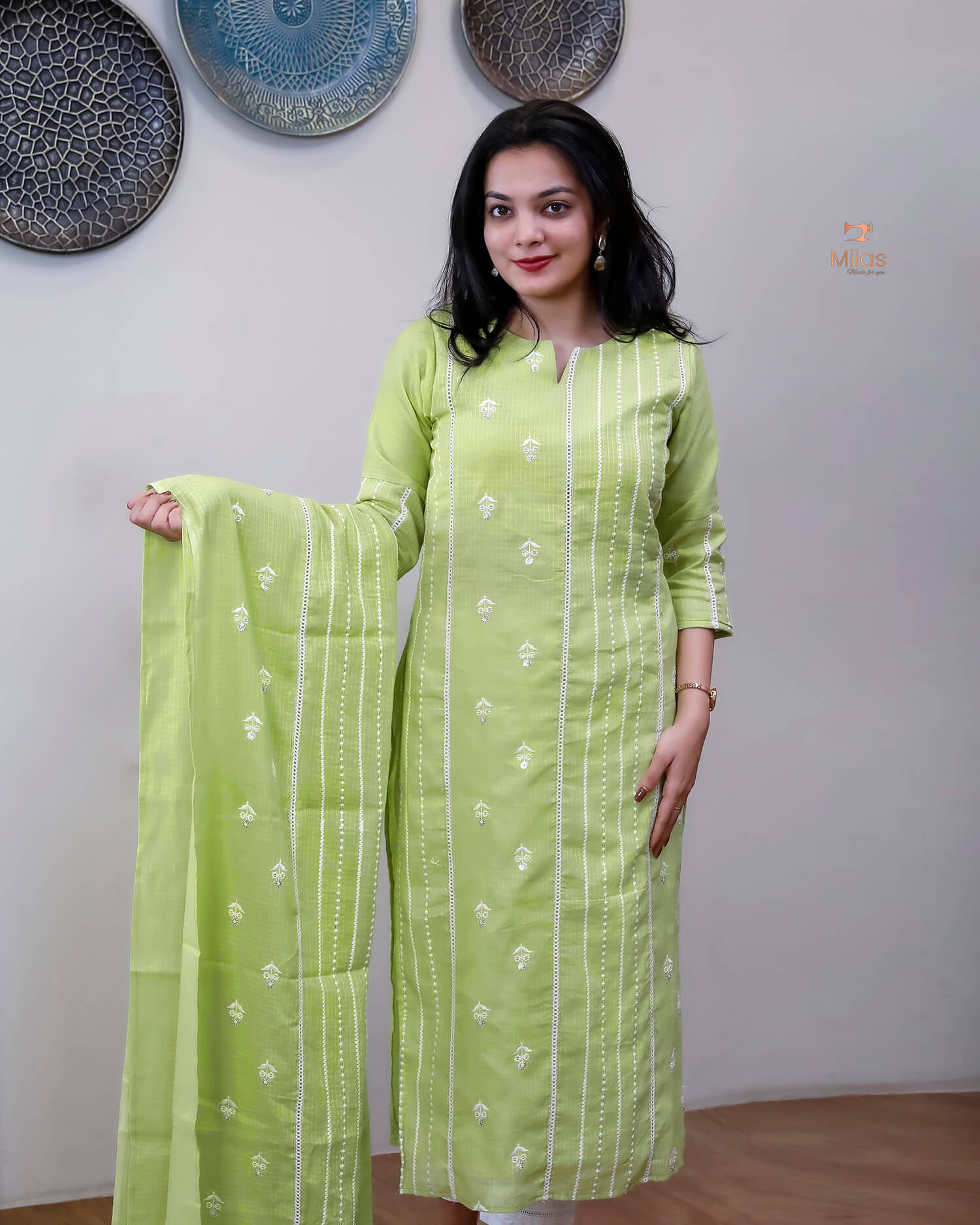 Cotton Kota Ethnic Set: Embroidered Neck, Half-Lace Dupatta-Pastel Green.