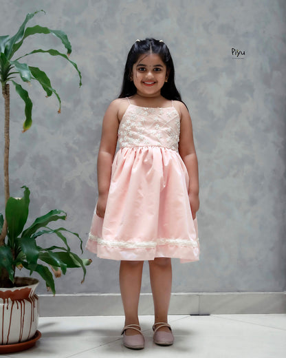 Mul Chanderi Frock: Beaded Net Yoke & Back Bow-Peach.