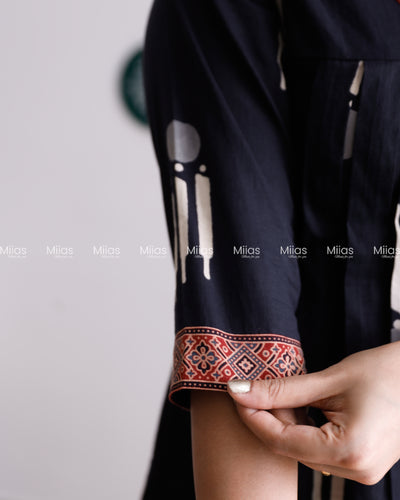 South Cotton Dress Kurti | Pintuck V-Neck + Beaded Trim | Black