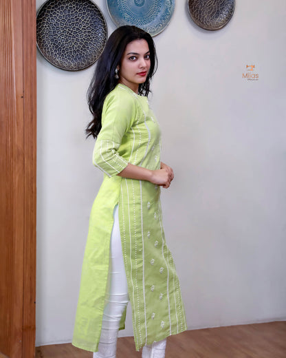Cotton Kota Ethnic Set: Embroidered Neck, Half-Lace Dupatta-Pastel Green.