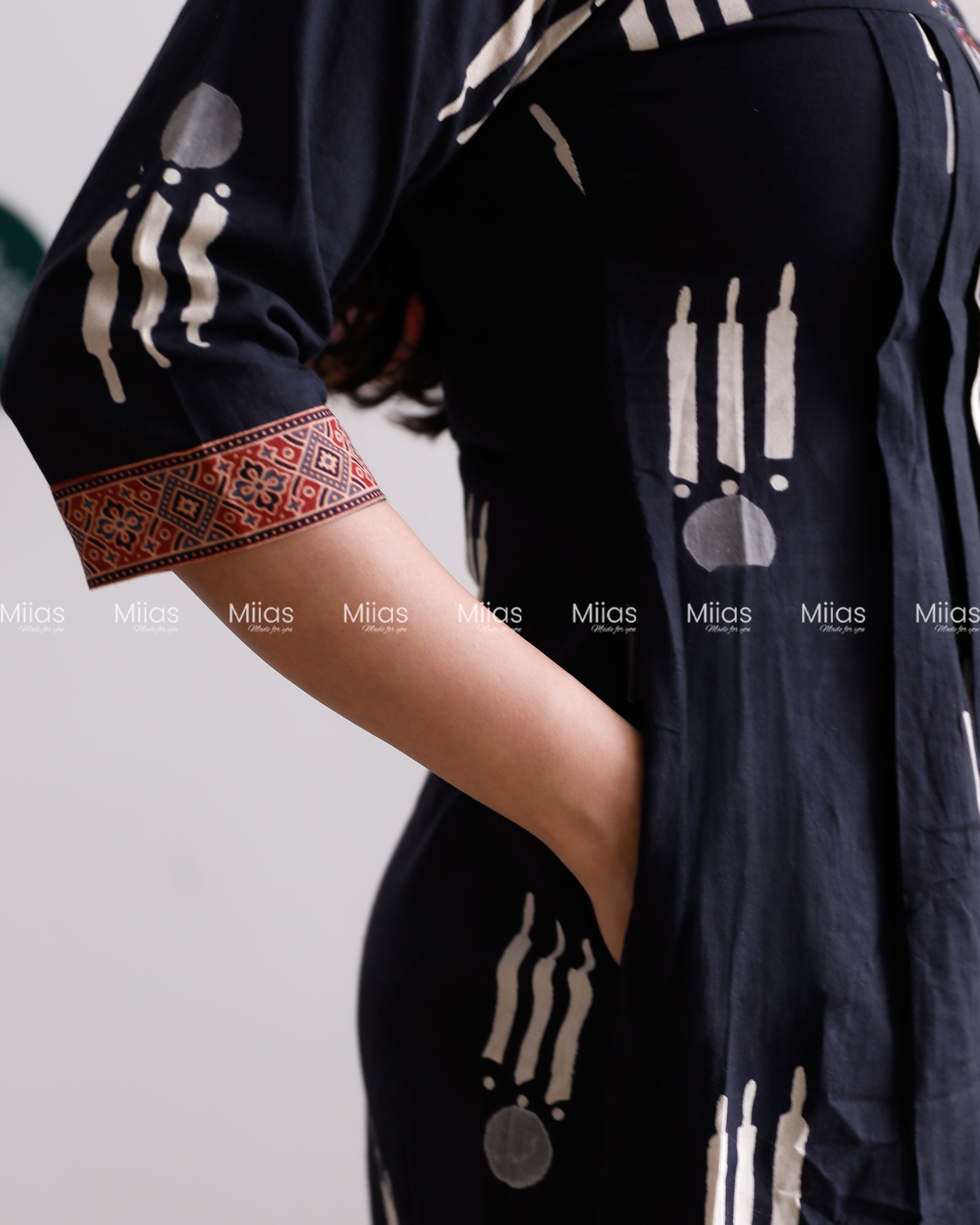 South Cotton Dress Kurti | Pintuck V-Neck + Beaded Trim | Black