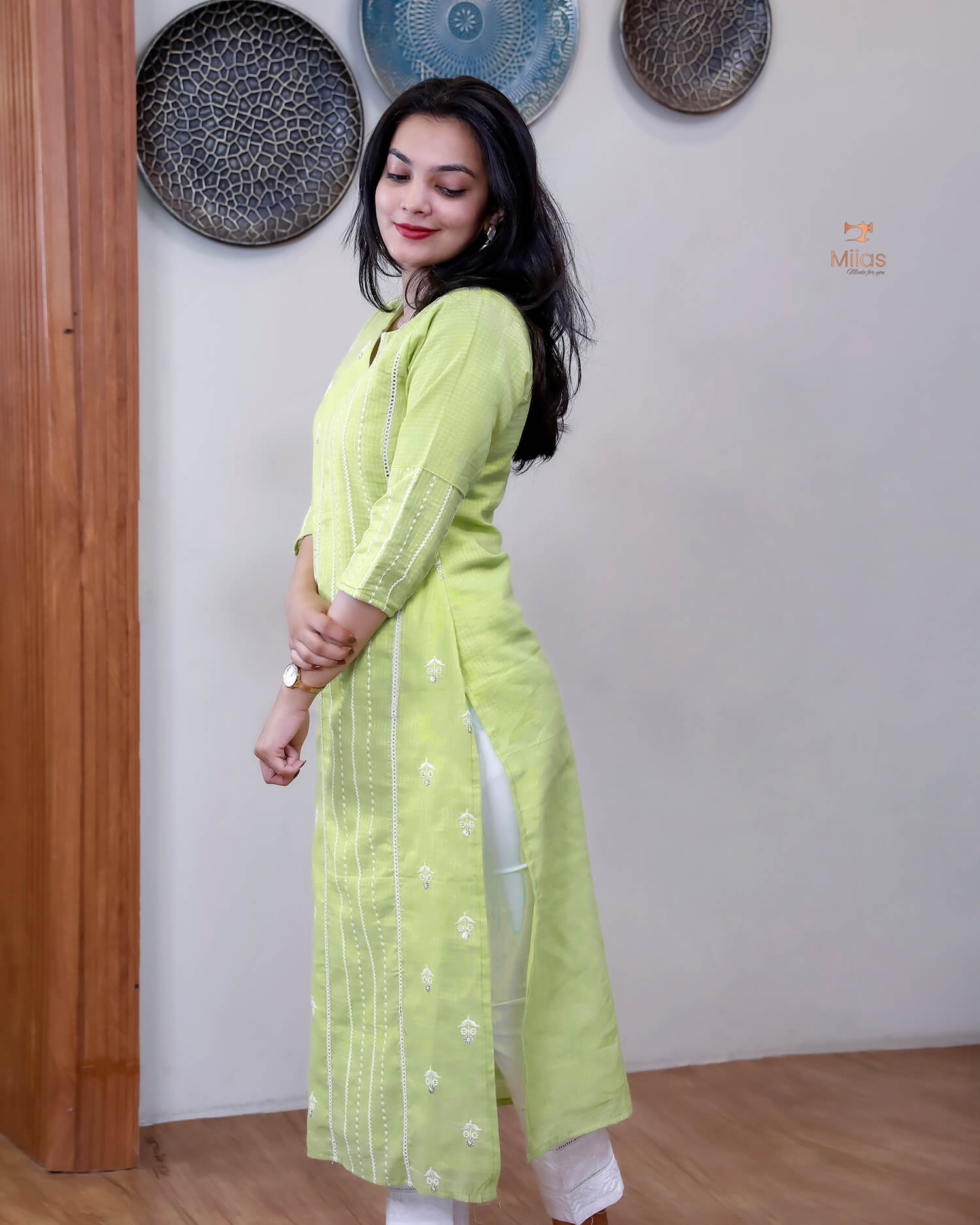 Cotton Kota Ethnic Set: Embroidered Neck, Half-Lace Dupatta-Pastel Green.
