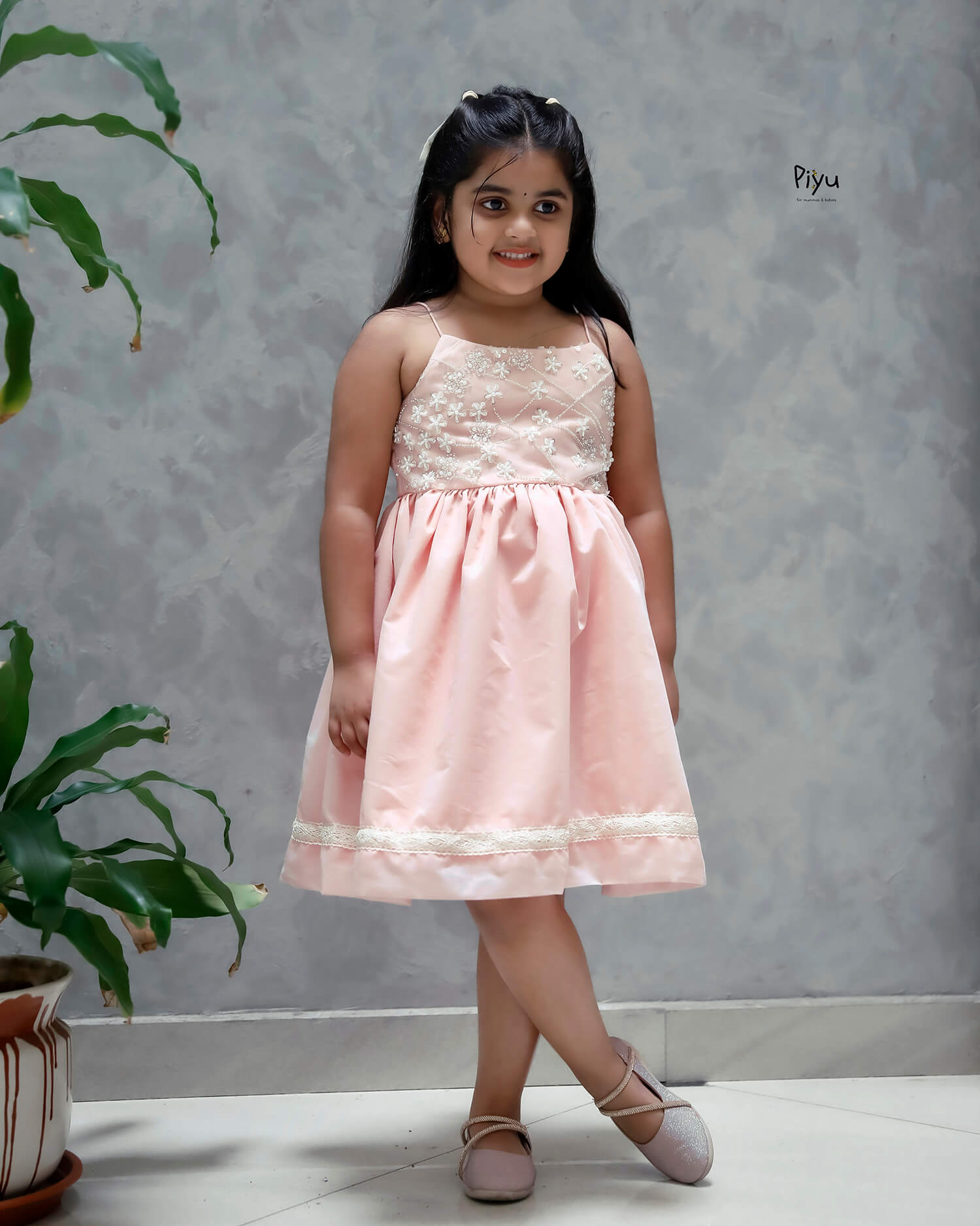 Mul Chanderi Frock: Beaded Net Yoke & Back Bow-Peach.