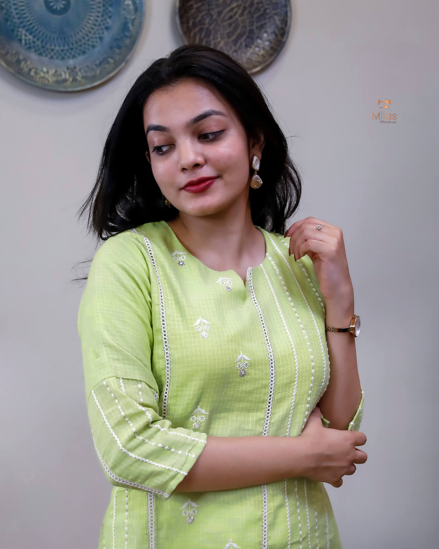 Cotton Kota Ethnic Set: Embroidered Neck, Half-Lace Dupatta-Pastel Green.