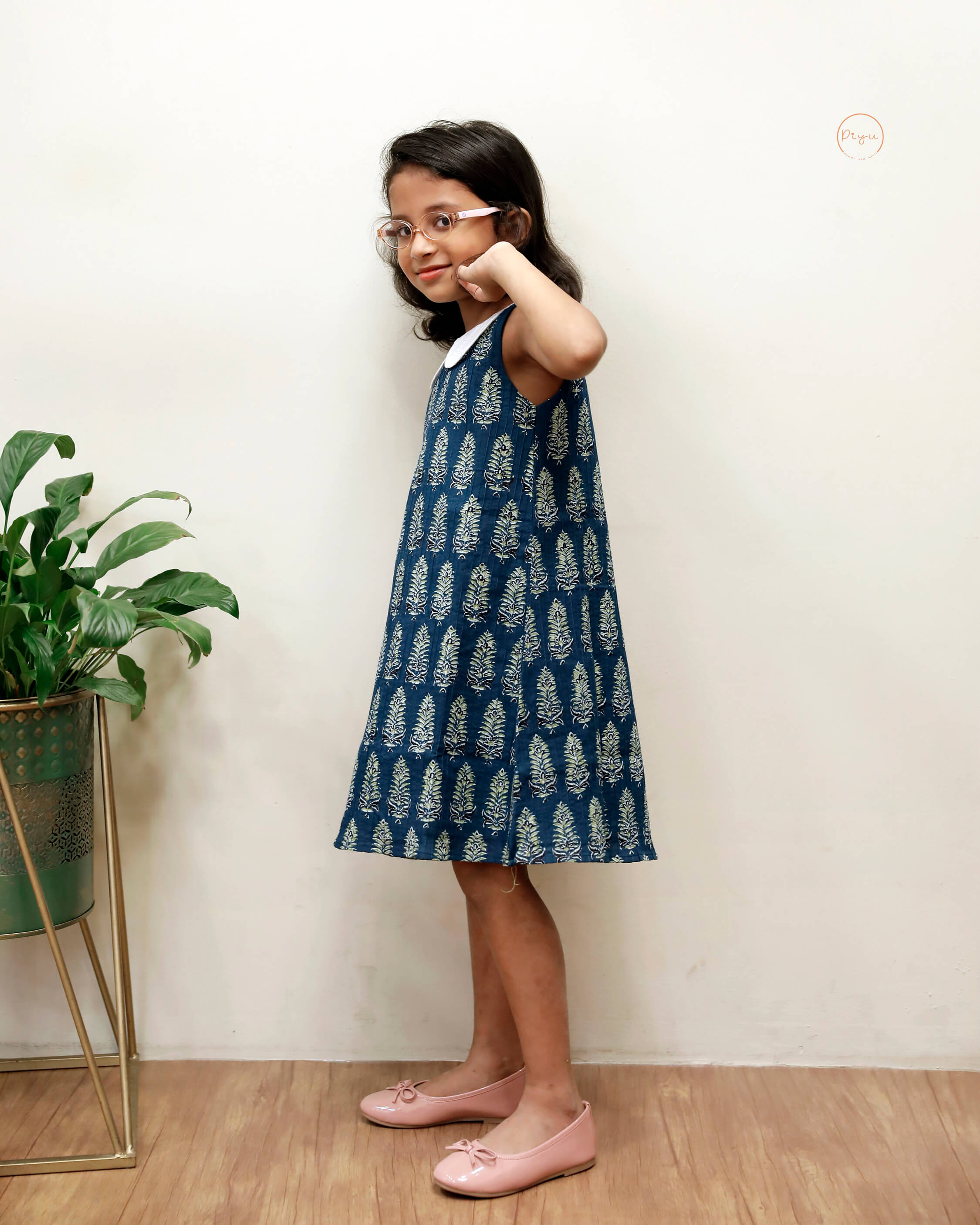 Cotton A-Line Dress: Ajrakh Print & Rose Embroidery-Blue