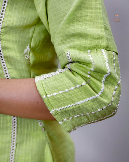 Cotton Kota Ethnic Set: Embroidered Neck, Half-Lace Dupatta-Pastel Green.