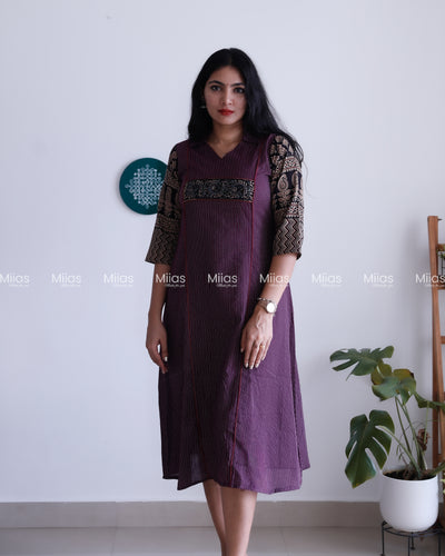 Kantha Cotton 3-Panel Kurti | Ajrakh Borders + Beaded Yoke | Grape